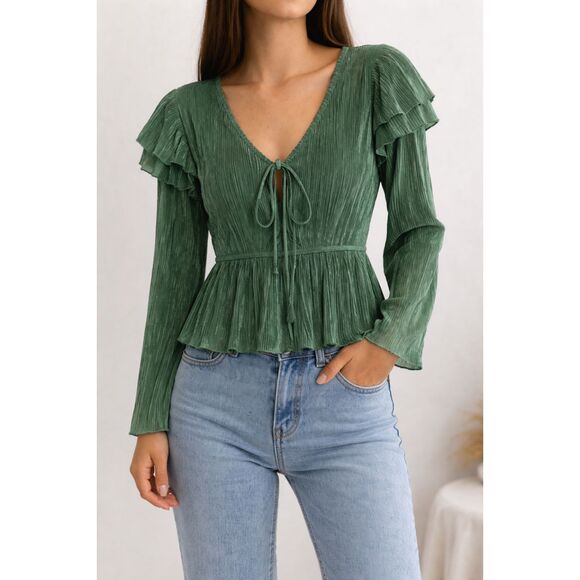 Zara Tops - Zara Green Pleated Peplum Blouse Ruffle Flowy Top Size M Cottagecore Boho